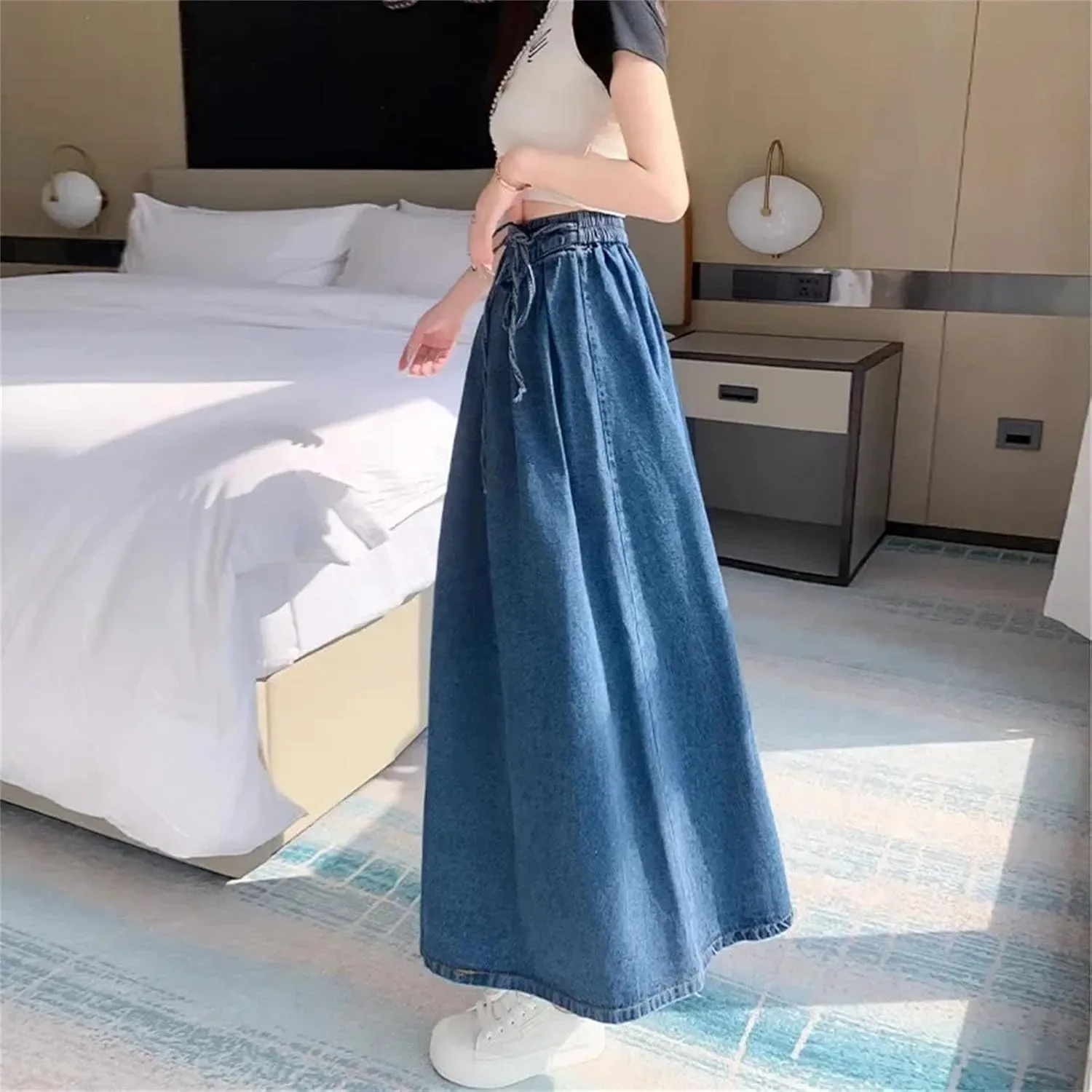 Denim Skirt for Womens Vintage High-Waisted Pleated Slim-Fit Medium-Length Umbrella Jean Skirt