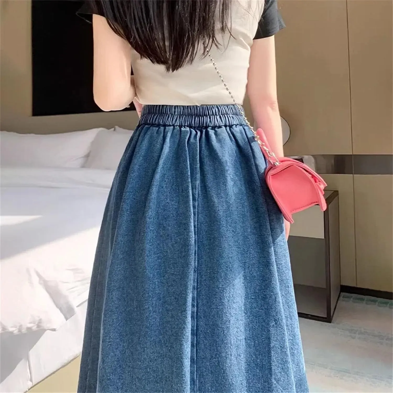 Denim Skirt for Womens Vintage High-Waisted Pleated Slim-Fit Medium-Length Umbrella Jean Skirt