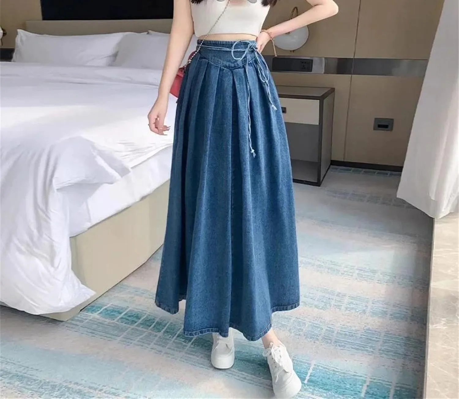 Denim Skirt for Womens Vintage High-Waisted Pleated Slim-Fit Medium-Length Umbrella Jean Skirt