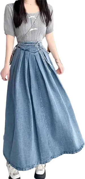 Denim Skirt for Womens Vintage High-Waisted Pleated Slim-Fit Medium-Length Umbrella Jean Skirt