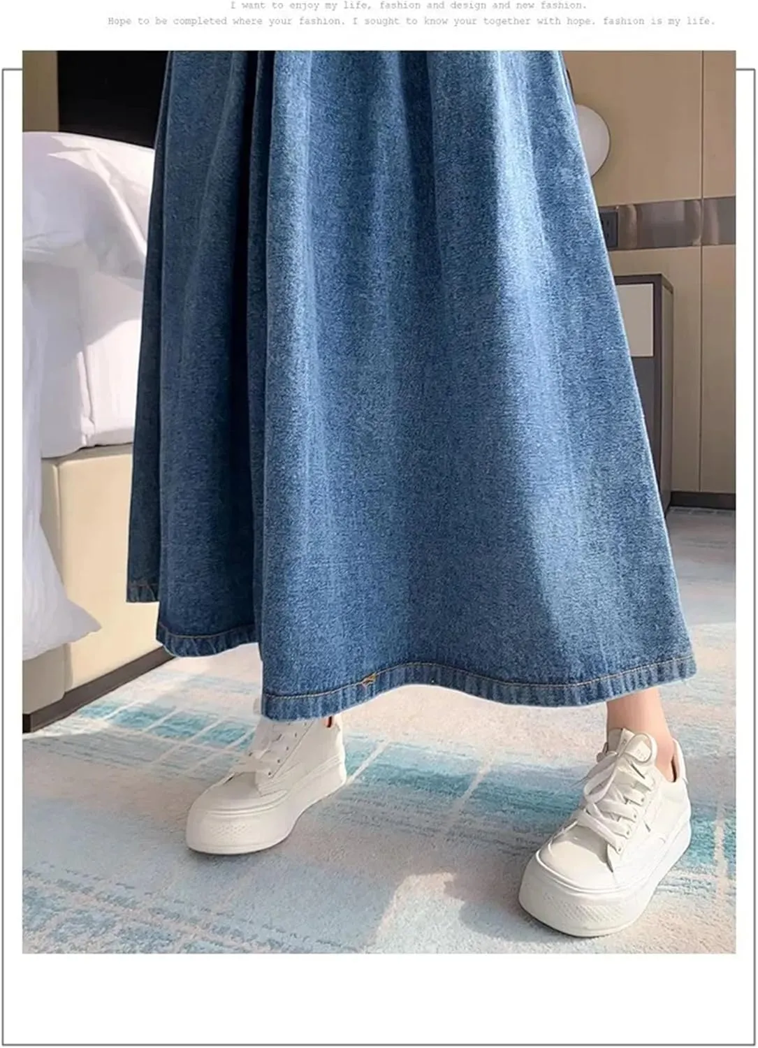 Denim Skirt for Womens Vintage High-Waisted Pleated Slim-Fit Medium-Length Umbrella Jean Skirt