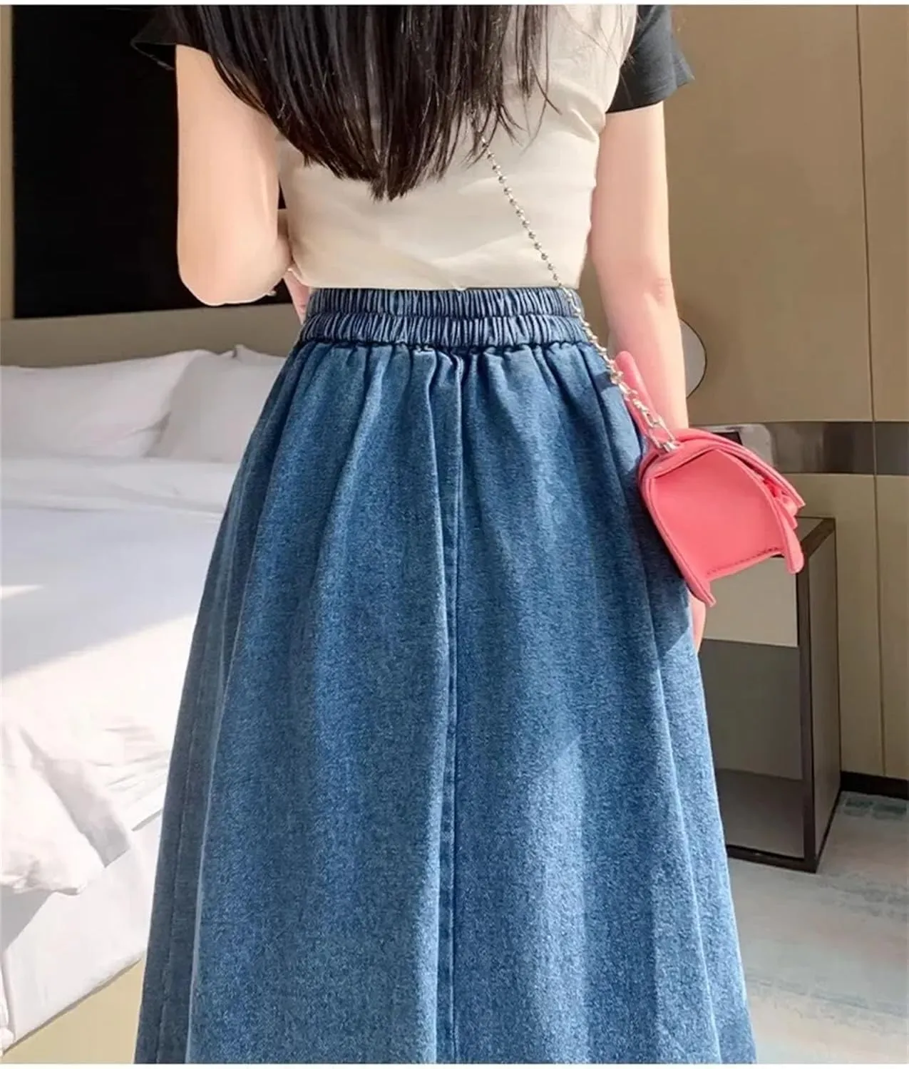 Denim Skirt for Womens Vintage High-Waisted Pleated Slim-Fit Medium-Length Umbrella Jean Skirt