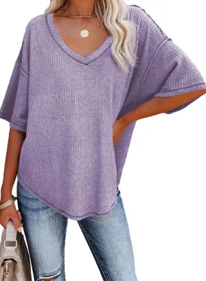 Dokotoo Women's Summer V Neck Waffle Knit Oversized Slouchy Shirt Henley Short Sleeve Tunic Tops Casual Loose Fit Blouses Tee Shirts Work Purple L