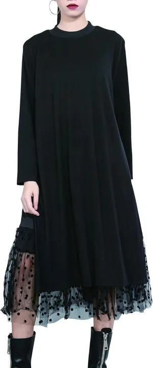 ellazhu Women's Fall Long-Sleeved All-Black T-Shirt Dress with Lace Hemline GY2022