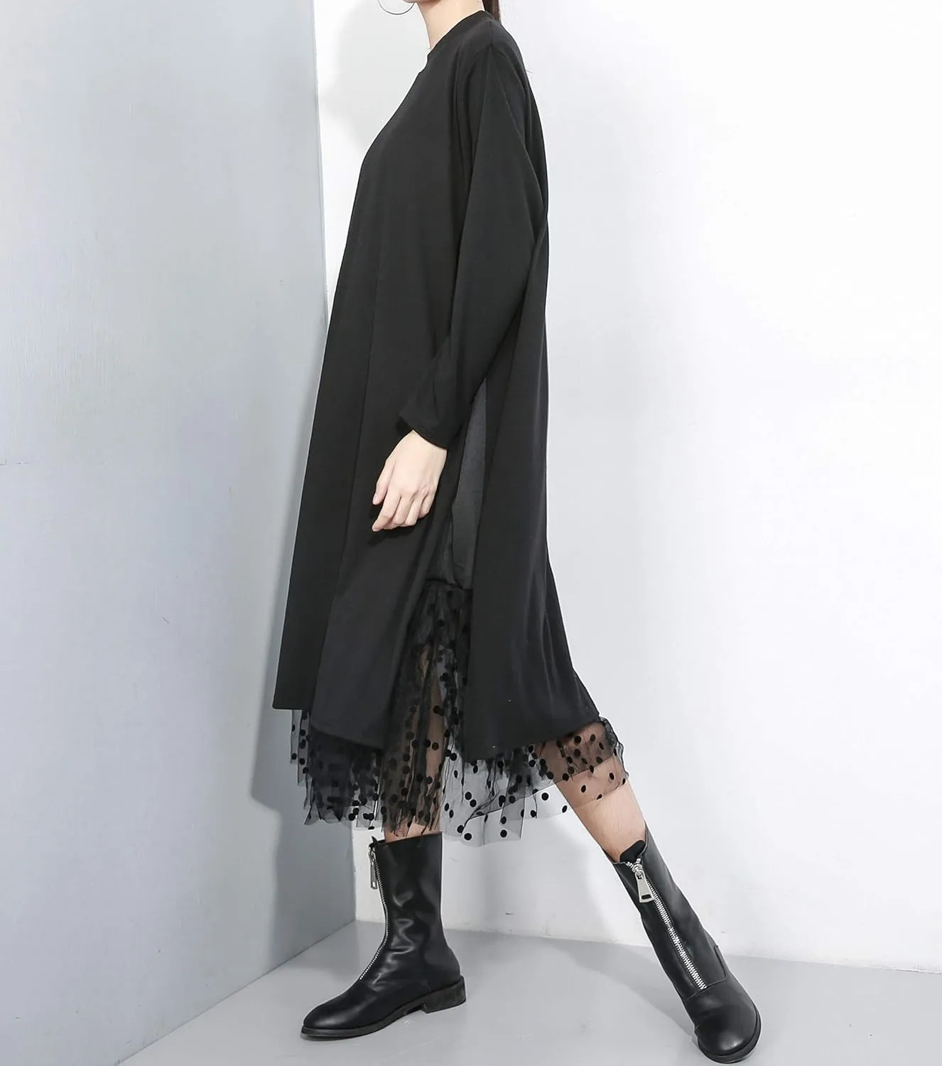 ellazhu Women's Fall Long-Sleeved All-Black T-Shirt Dress with Lace Hemline GY2022