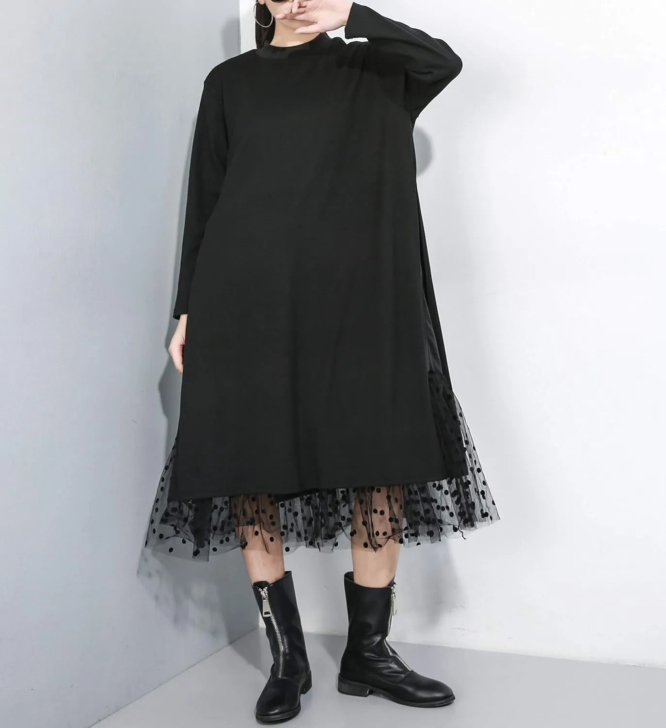 ellazhu Women's Fall Long-Sleeved All-Black T-Shirt Dress with Lace Hemline GY2022