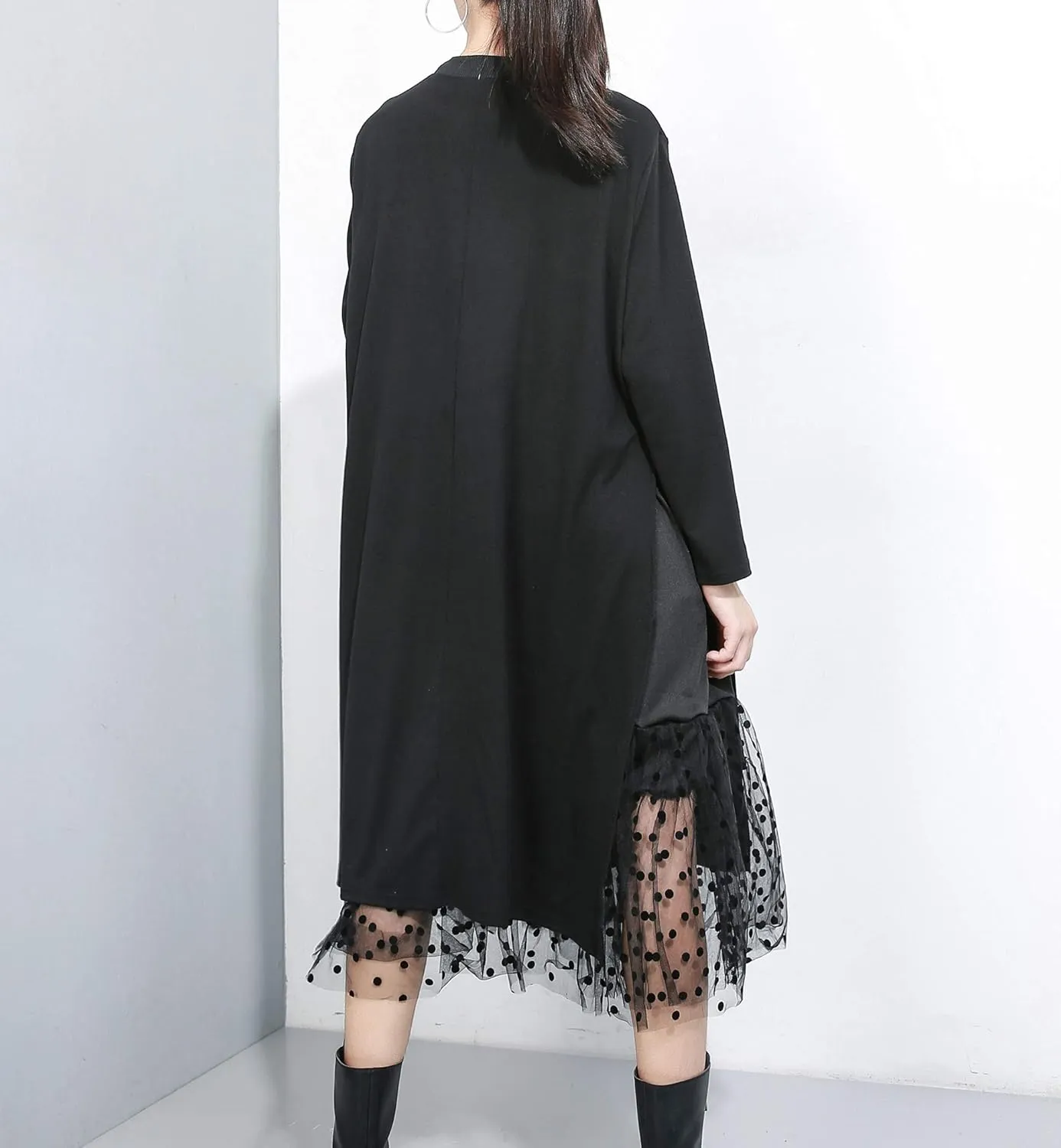 ellazhu Women's Fall Long-Sleeved All-Black T-Shirt Dress with Lace Hemline GY2022