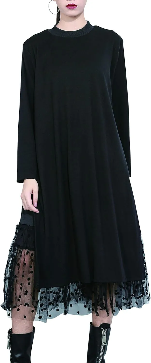 ellazhu Women's Fall Long-Sleeved All-Black T-Shirt Dress with Lace Hemline GY2022