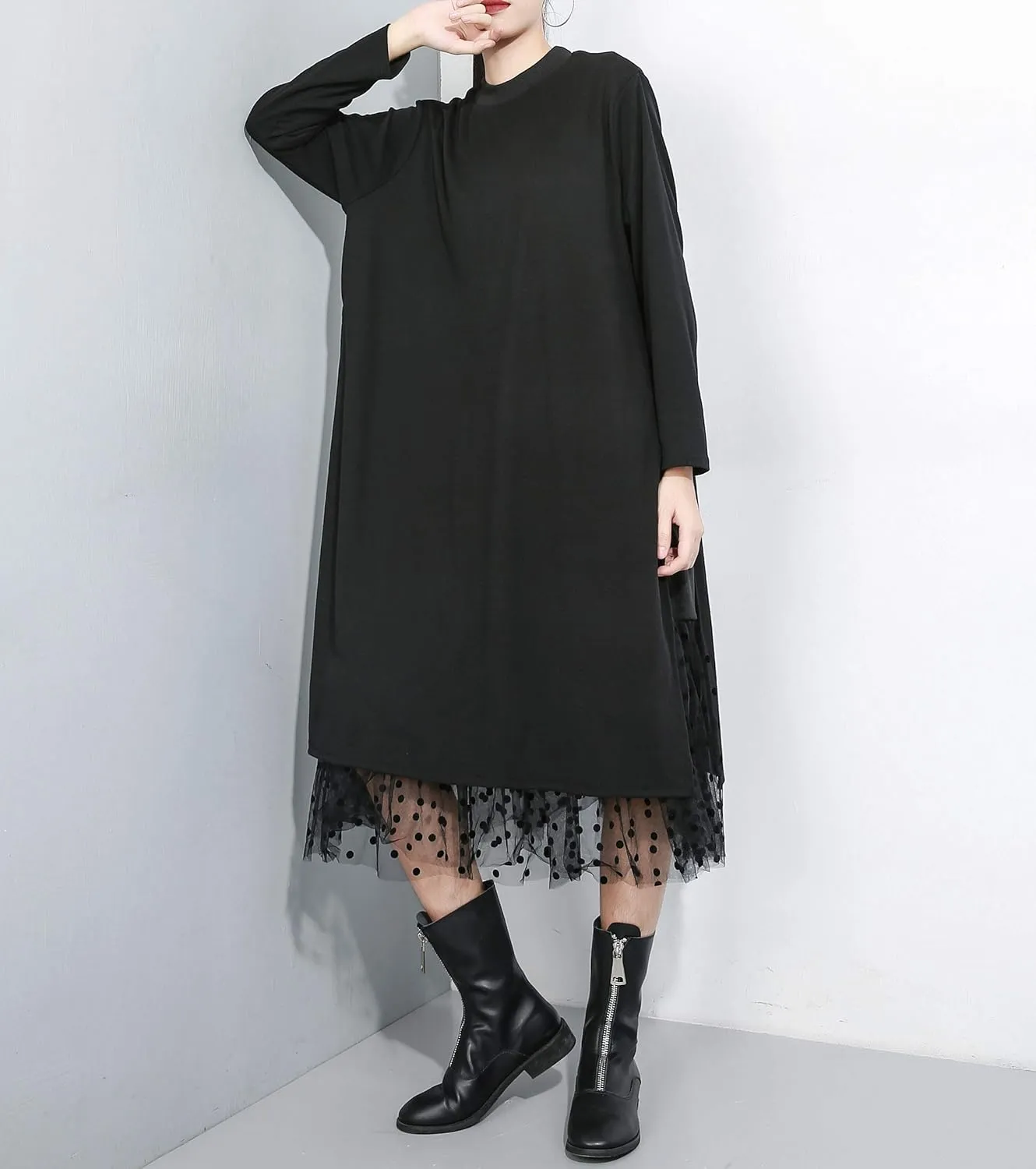 ellazhu Women's Fall Long-Sleeved All-Black T-Shirt Dress with Lace Hemline GY2022