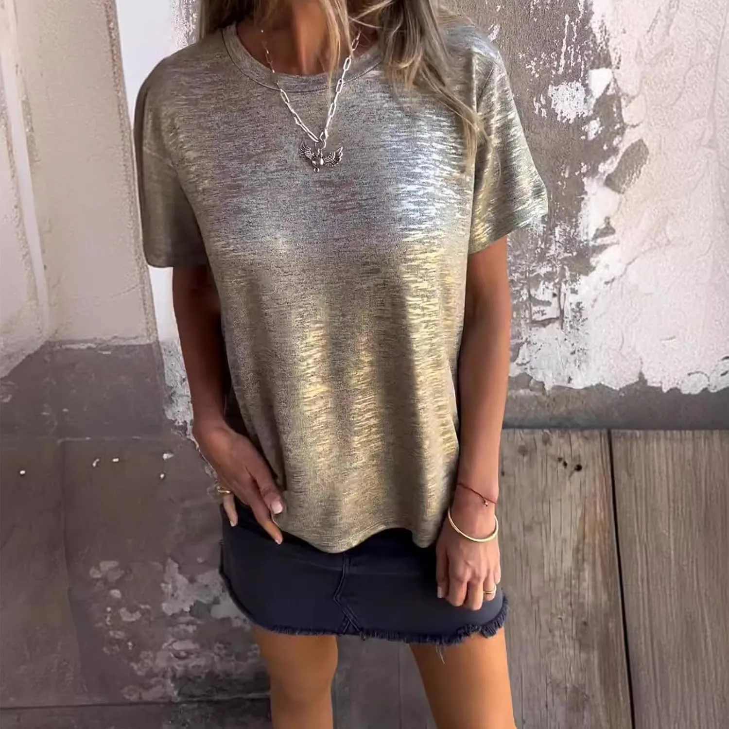 Emboadlie Gold Foil Short-Sleeved T-Shirt, Fortunatie Tshirt, Women's Round Neck Short-Sleeved Summer T-Shirt