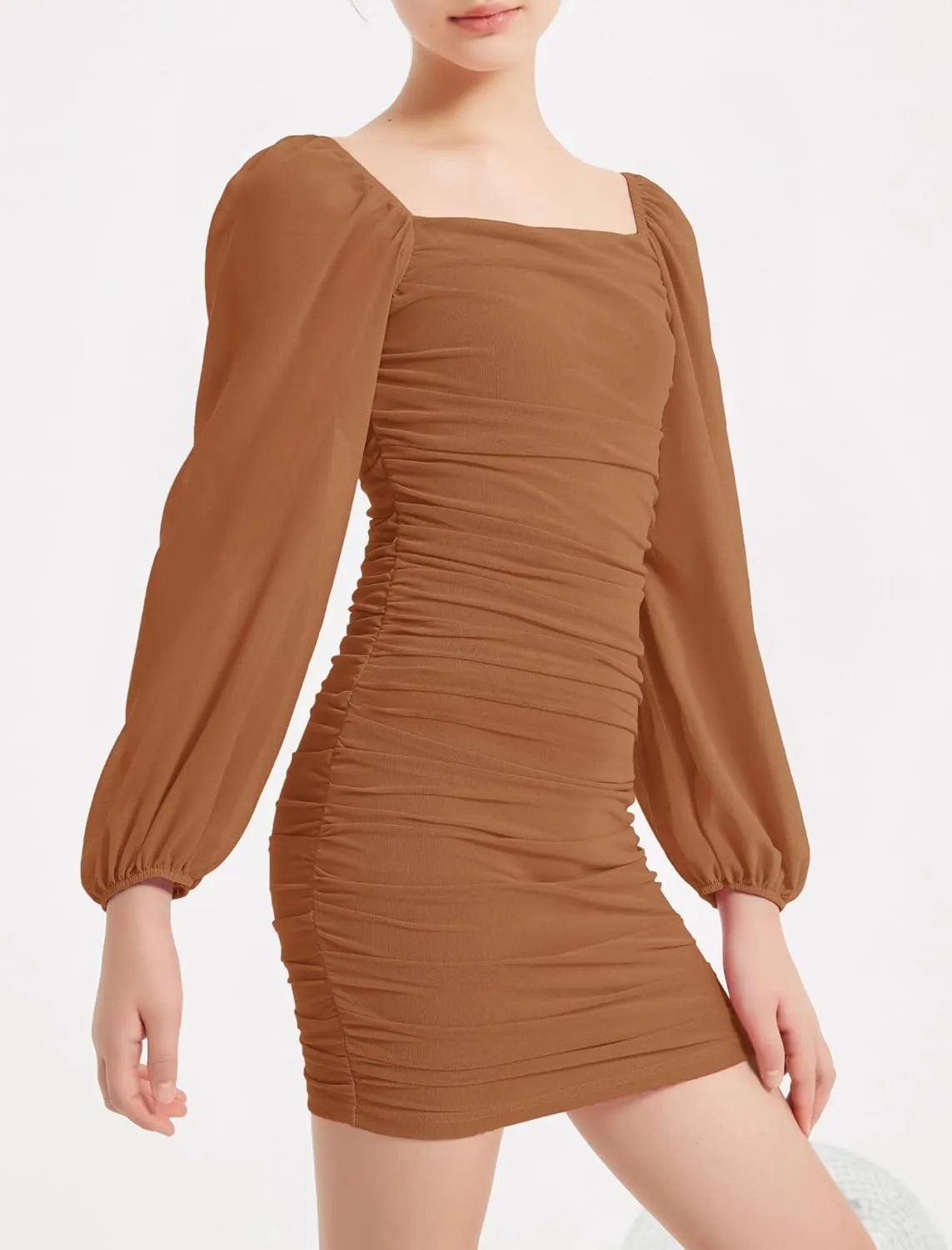 EXARUS Girls Ruched Bodycon Dress Teens Mesh Lantern Sleeve Party Dance Homecoming Tight Short Pencil Dresses