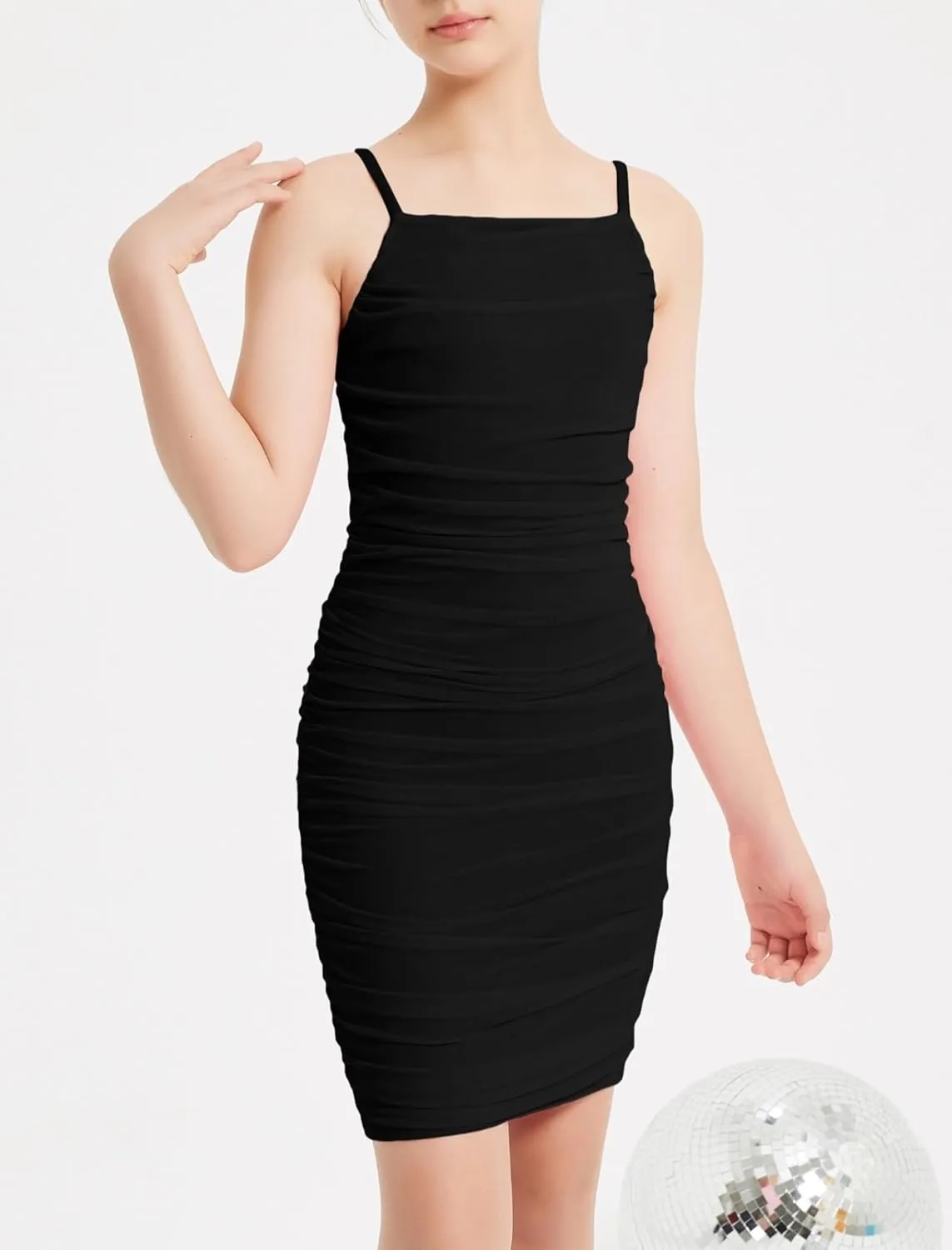 EXARUS Girls Ruched Bodycon Dress Teens Mesh Lantern Sleeve Party Dance Homecoming Tight Short Pencil Dresses