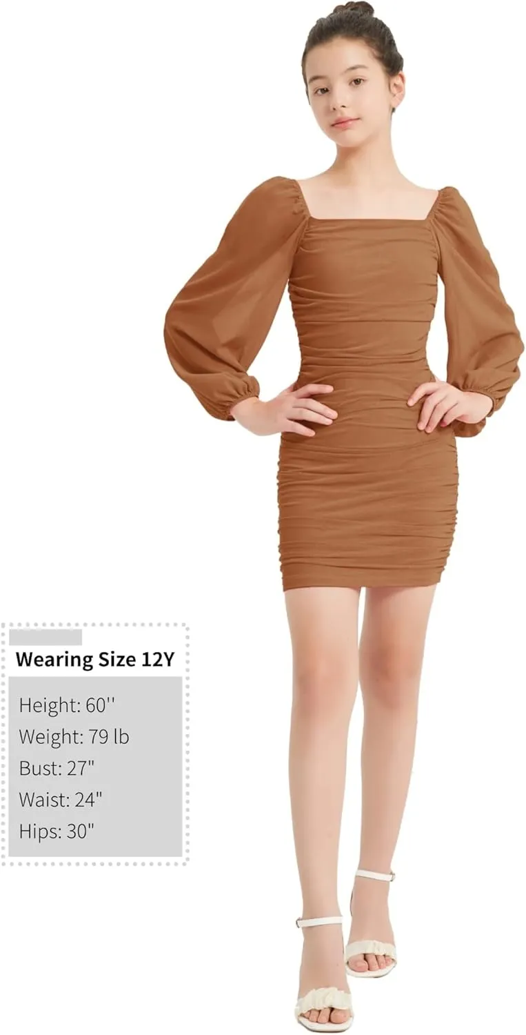EXARUS Girls Ruched Bodycon Dress Teens Mesh Lantern Sleeve Party Dance Homecoming Tight Short Pencil Dresses
