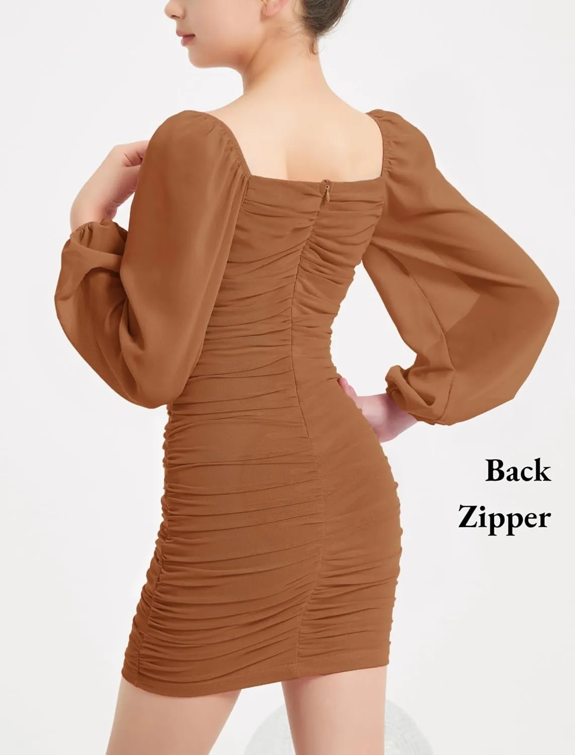 EXARUS Girls Ruched Bodycon Dress Teens Mesh Lantern Sleeve Party Dance Homecoming Tight Short Pencil Dresses