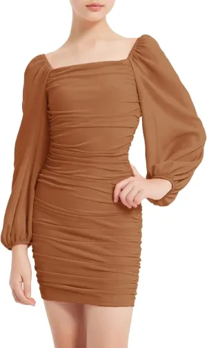 EXARUS Girls Ruched Bodycon Dress Teens Mesh Lantern Sleeve Party Dance Homecoming Tight Short Pencil Dresses