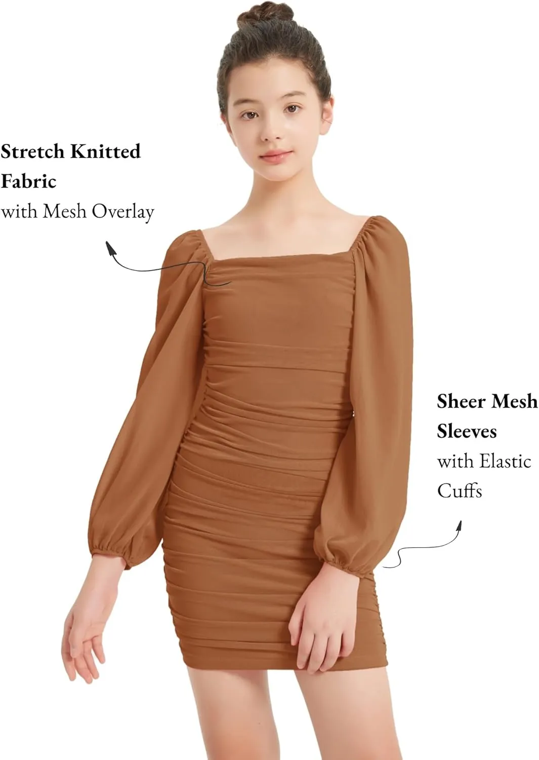 EXARUS Girls Ruched Bodycon Dress Teens Mesh Lantern Sleeve Party Dance Homecoming Tight Short Pencil Dresses