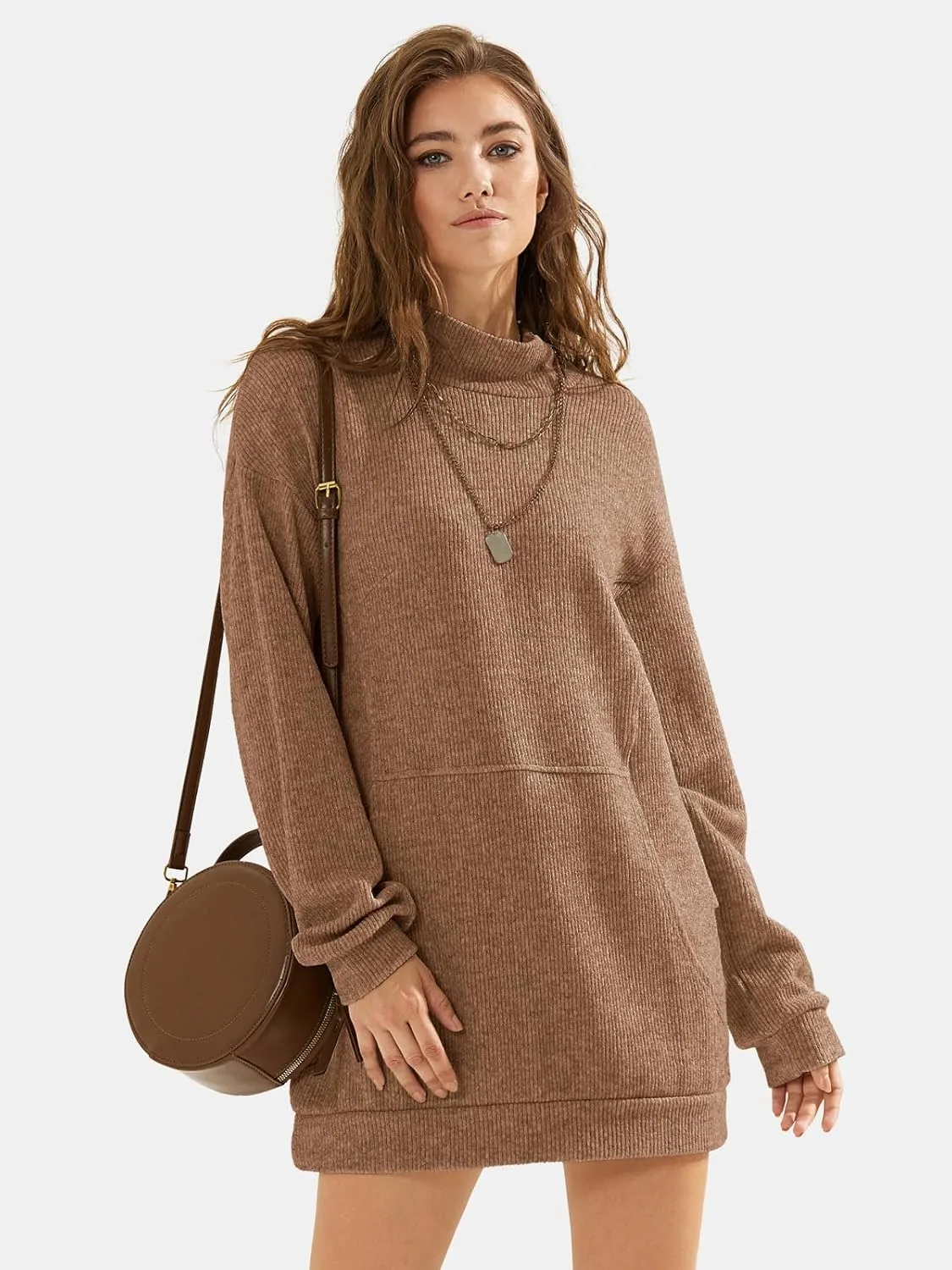 EXLURA Womens Casual Oversized Long Sleeve Sweater Dress with Pocket Loose Fit Knit Fall Winter Long Pullover Sweater Tunic