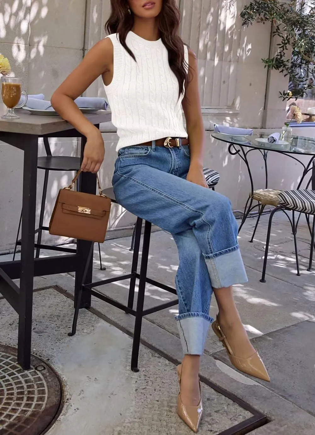 Ezbelle Women's Summer Crop Shirts Sleeveless Tops Cable Knit Tank Work Sweaters Vest Trendy Outfits