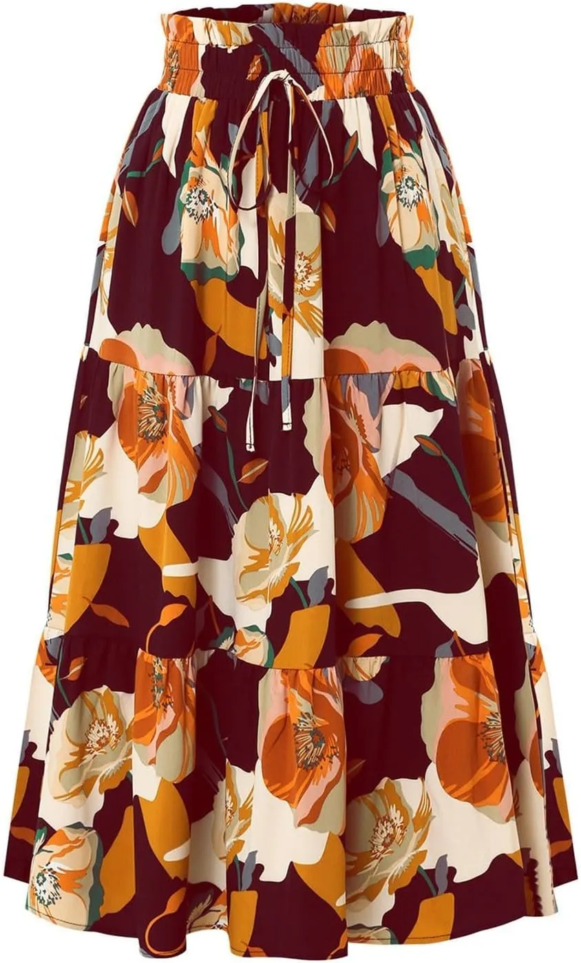 Floral Maxi Skirts for Women Casual Drawstring High Elastic Waisted A-Line Flowy Swing Skirts Summer Boho Skirt