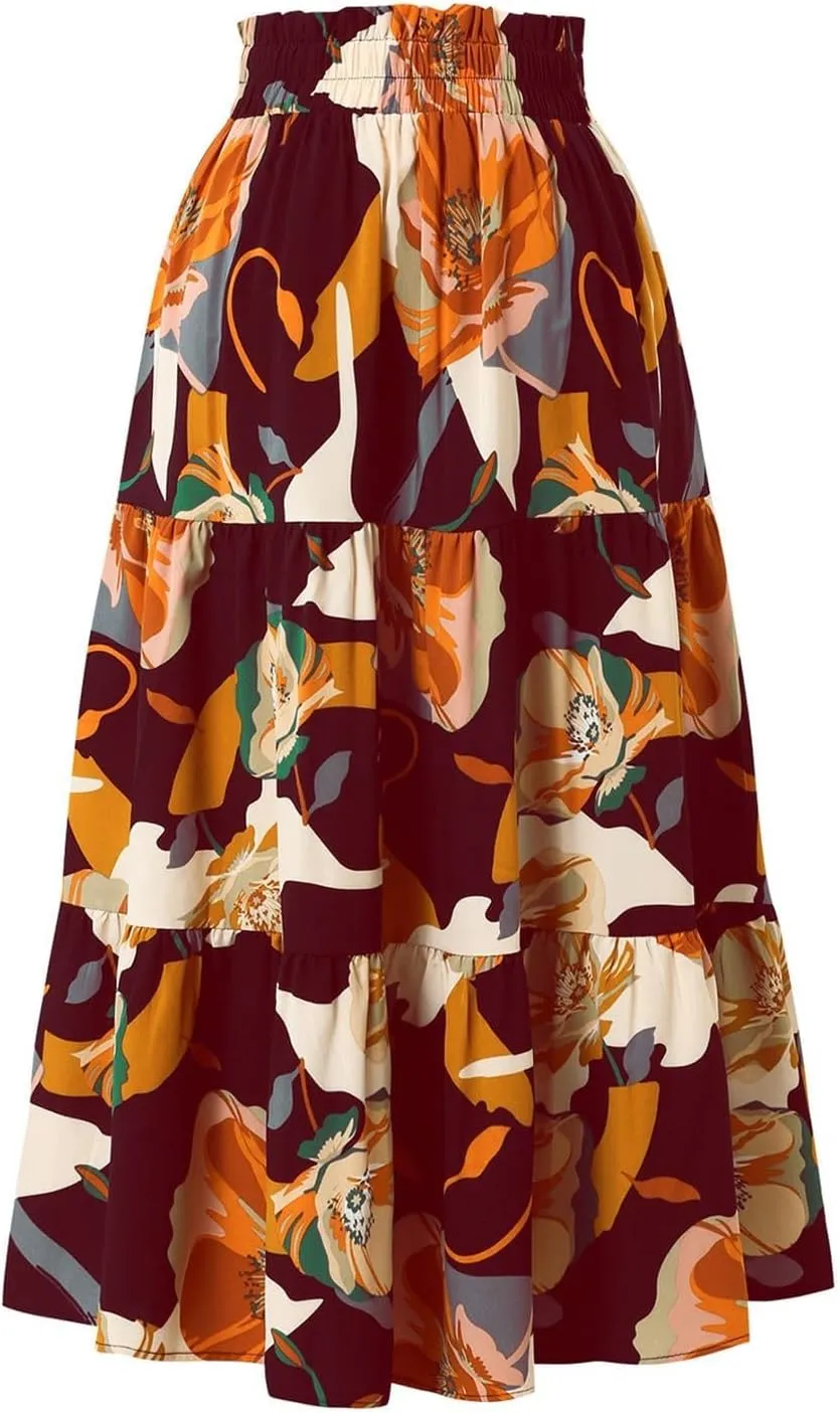 Floral Maxi Skirts for Women Casual Drawstring High Elastic Waisted A-Line Flowy Swing Skirts Summer Boho Skirt