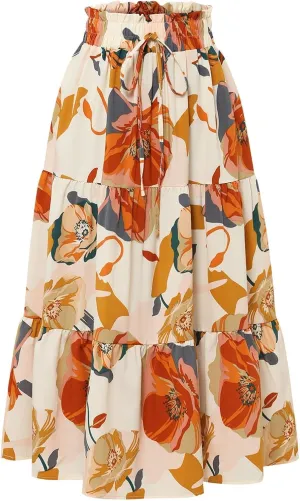 Floral Maxi Skirts for Women Casual Drawstring High Elastic Waisted A-Line Flowy Swing Skirts Summer Boho Skirt