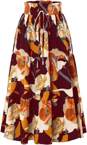 Floral Maxi Skirts for Women Casual Drawstring High Elastic Waisted A-Line Flowy Swing Skirts Summer Boho Skirt