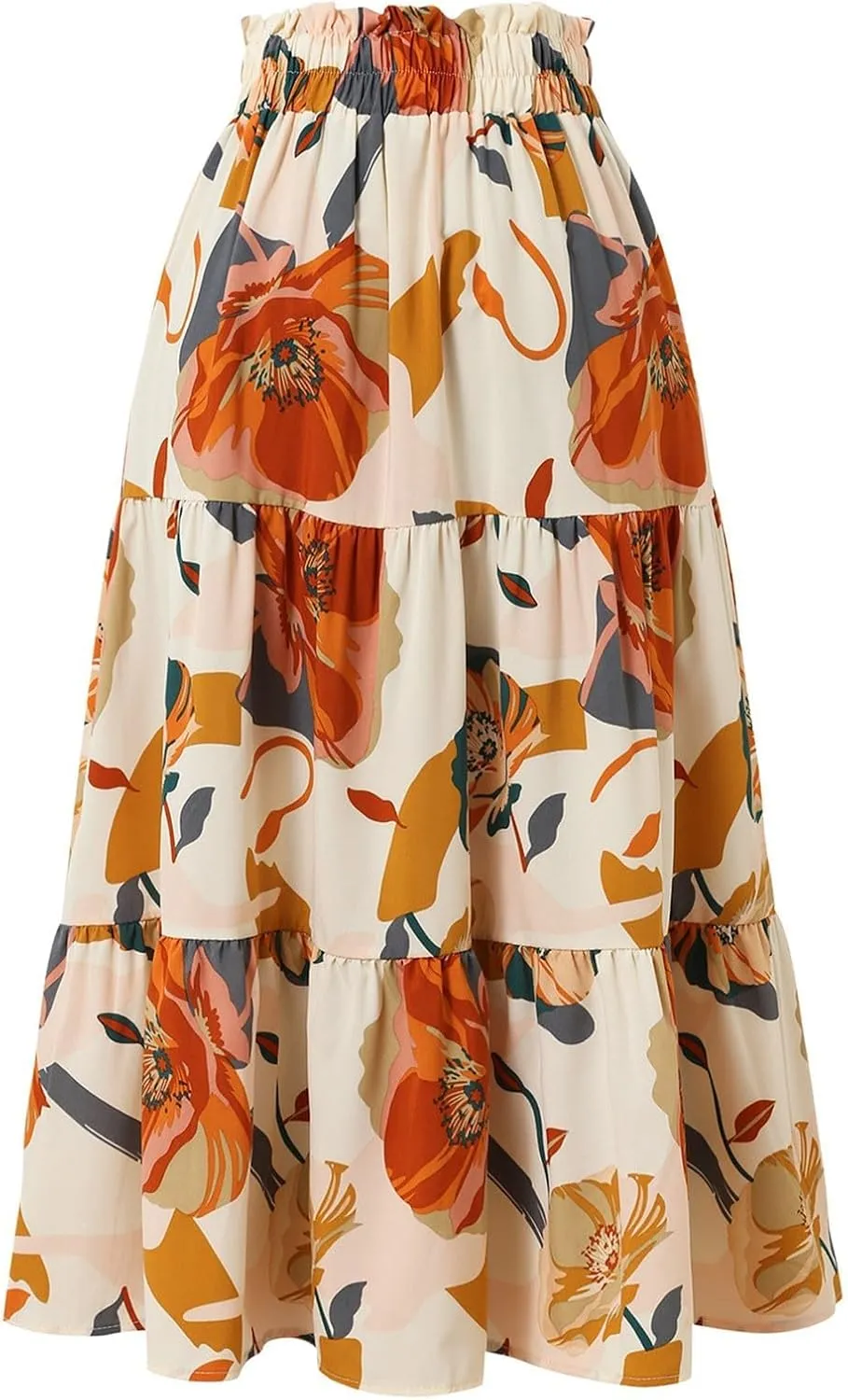 Floral Maxi Skirts for Women Casual Drawstring High Elastic Waisted A-Line Flowy Swing Skirts Summer Boho Skirt
