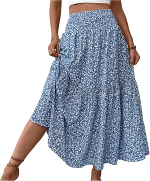 Floral Skirts for Women Summer Flowy Tiered Elastic High Waisted Print Swing Skirt Vacation A-Line Long Midi Skirts