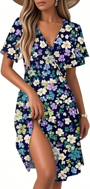 Flower Dresses for Women 2025 Casual Summer Flutter Sleeve Wrap V Neck Knee Length Dress Formal Wedding Guest Dress