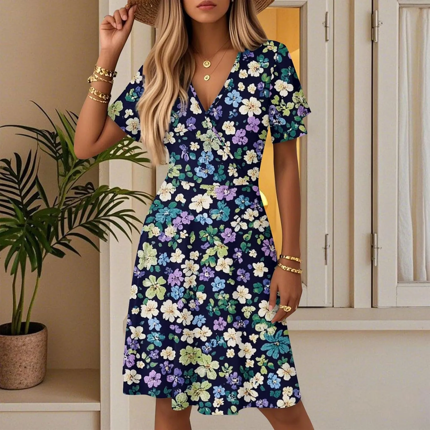 Flower Dresses for Women 2025 Casual Summer Flutter Sleeve Wrap V Neck Knee Length Dress Formal Wedding Guest Dress