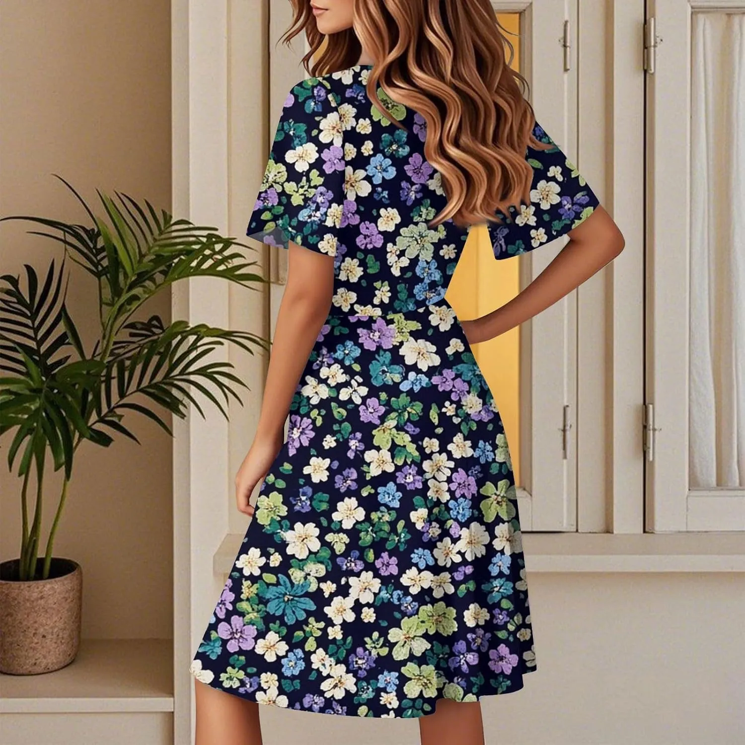 Flower Dresses for Women 2025 Casual Summer Flutter Sleeve Wrap V Neck Knee Length Dress Formal Wedding Guest Dress