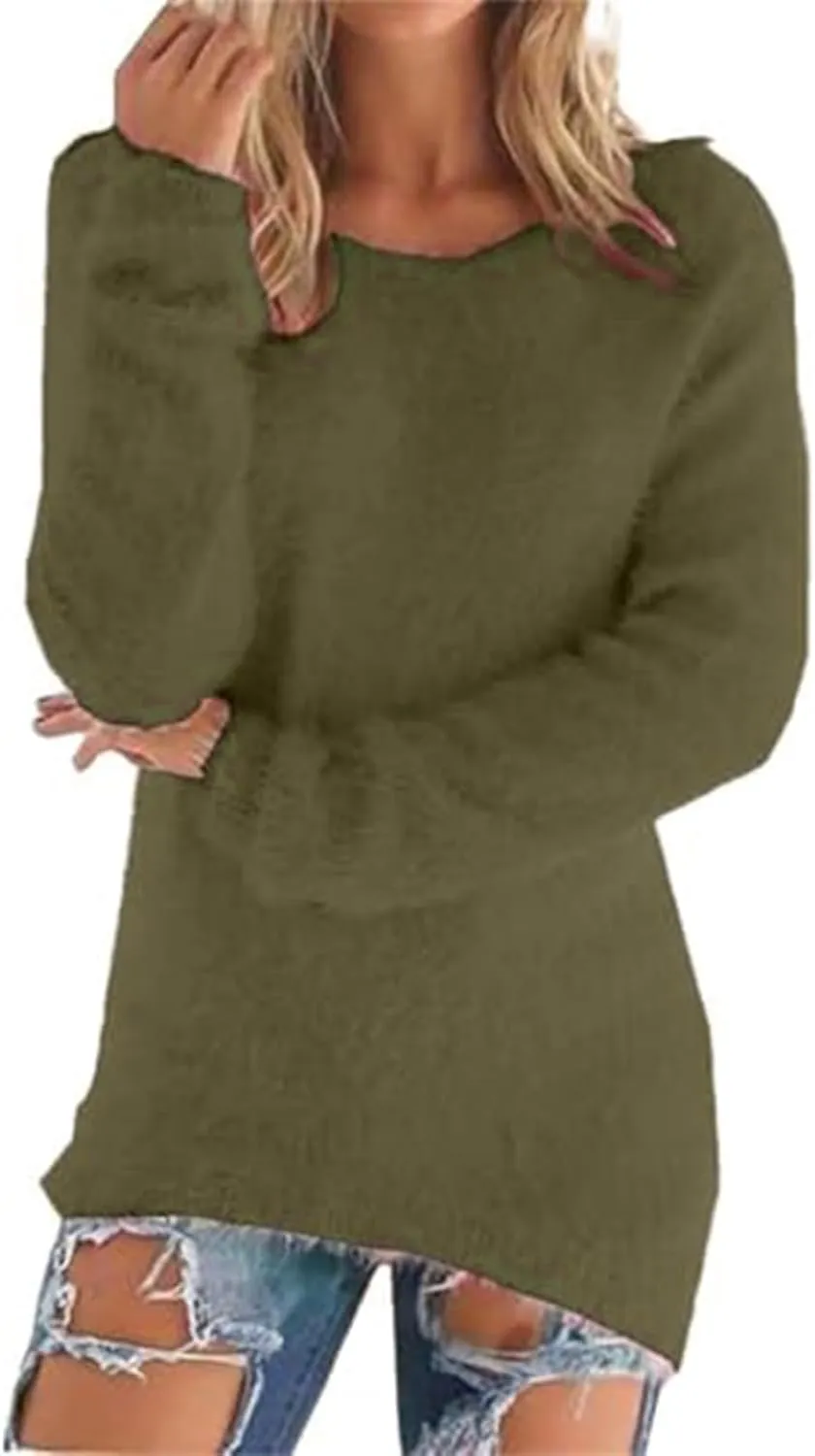 Fluffy Fuzzy Sweater for Women Casual Crewneck Loose Long Sleeve Pullover Tops Winter Warm Baggy Jumper Sweaters