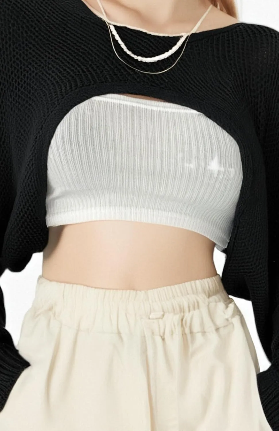 GORGLITTER Women's Half Bolero Sweater Cutout Sleeve Cropped Sweater