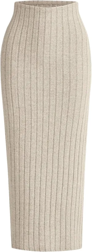 GORGLITTER Women's Ribbed Knit Bodycon Maxi Skirt High Waisted Fall Pencil Long Skirts