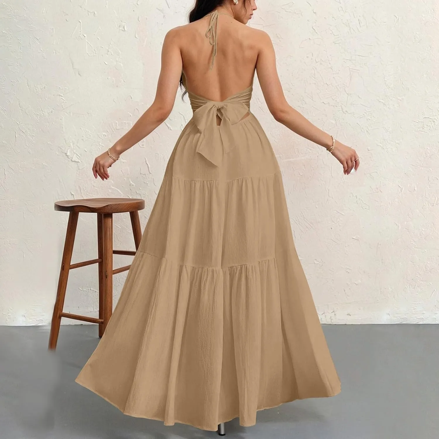 Halter Maxi Dresses for Women 2025 Elegant Classy a Line Prom Dress Tea Party Spaghetti Strap Low Cut Cocktail Dress