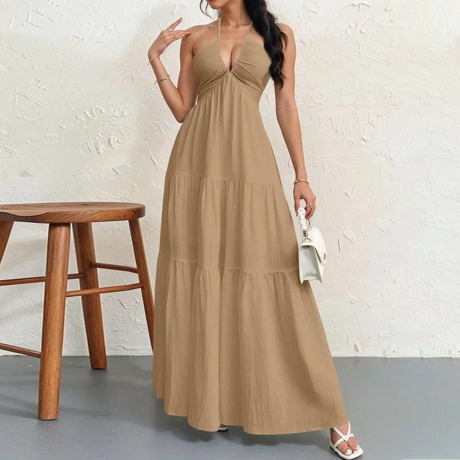 Halter Maxi Dresses for Women 2025 Elegant Classy a Line Prom Dress Tea Party Spaghetti Strap Low Cut Cocktail Dress