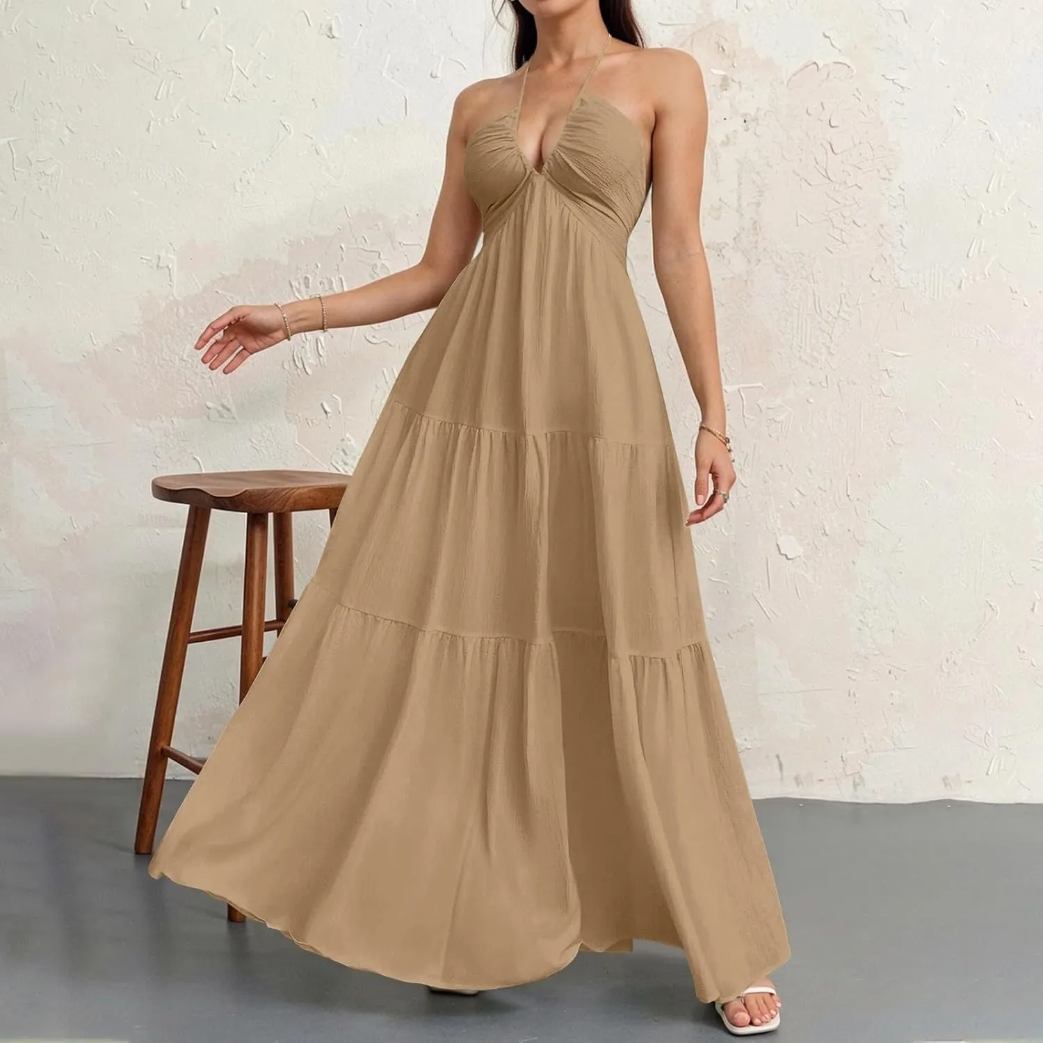 Halter Maxi Dresses for Women 2025 Elegant Classy a Line Prom Dress Tea Party Spaghetti Strap Low Cut Cocktail Dress