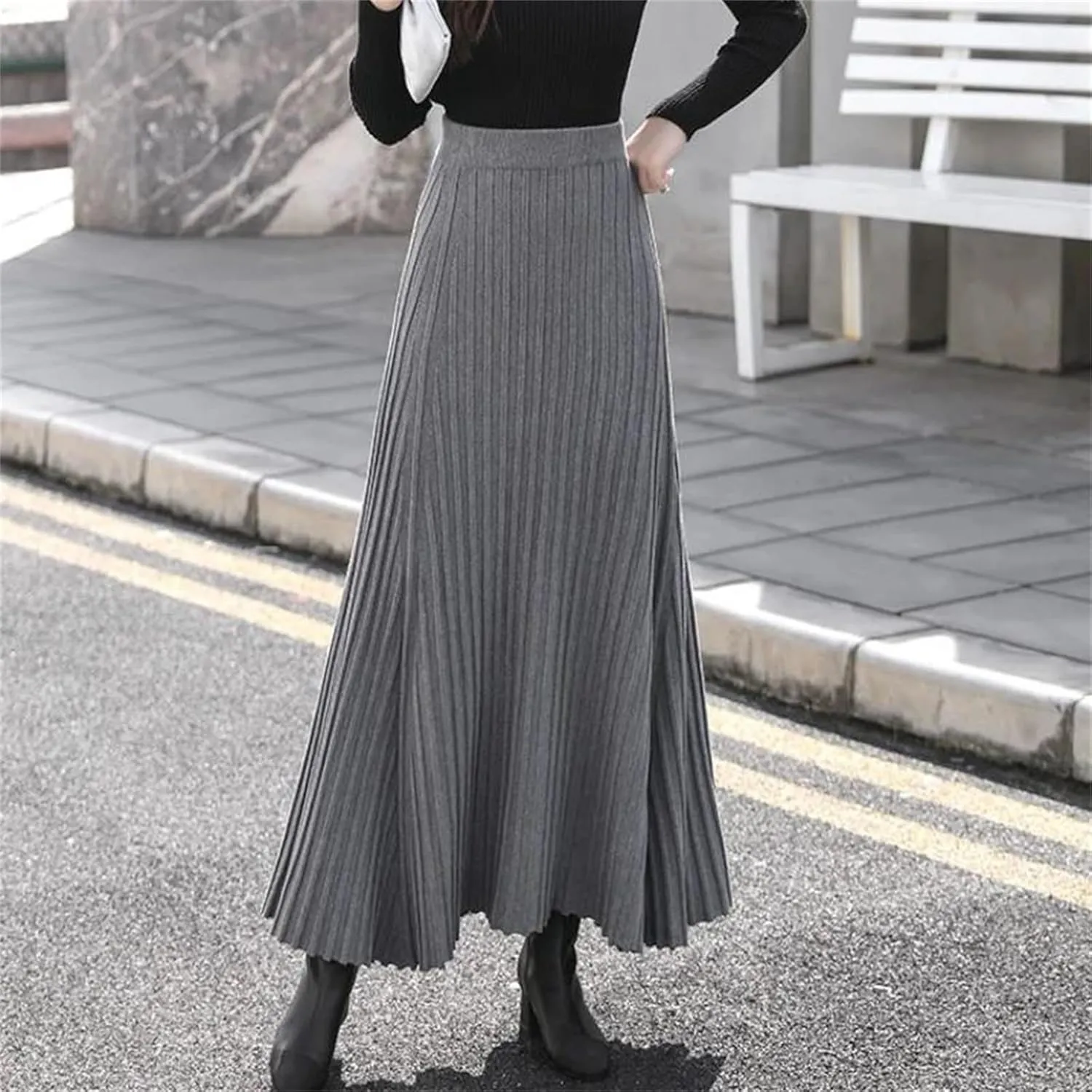 Hcclijo Winter Cashmere Extra-Long Knitted Skirt Thickened Ribbed Knitted Swing A-Line Flared Ankle-Length Knitted Skirt