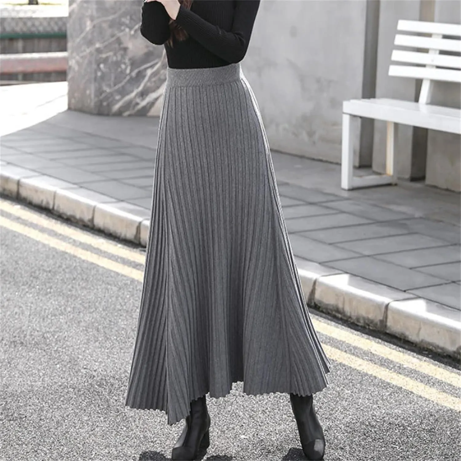 Hcclijo Winter Cashmere Extra-Long Knitted Skirt Thickened Ribbed Knitted Swing A-Line Flared Ankle-Length Knitted Skirt