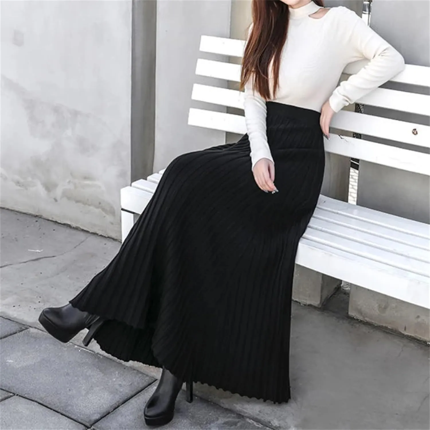 Hcclijo Winter Cashmere Extra-Long Knitted Skirt Thickened Ribbed Knitted Swing A-Line Flared Ankle-Length Knitted Skirt