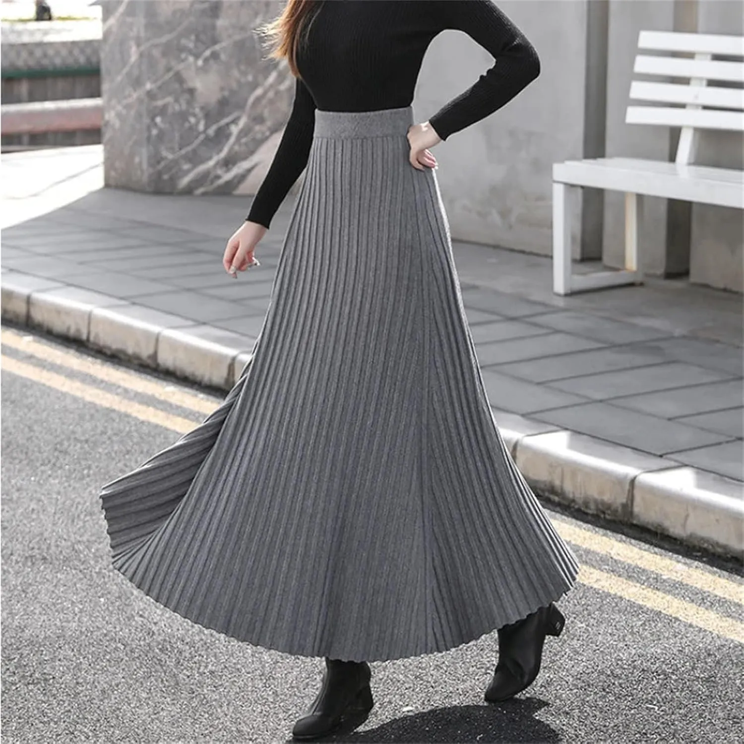 Hcclijo Winter Cashmere Extra-Long Knitted Skirt Thickened Ribbed Knitted Swing A-Line Flared Ankle-Length Knitted Skirt