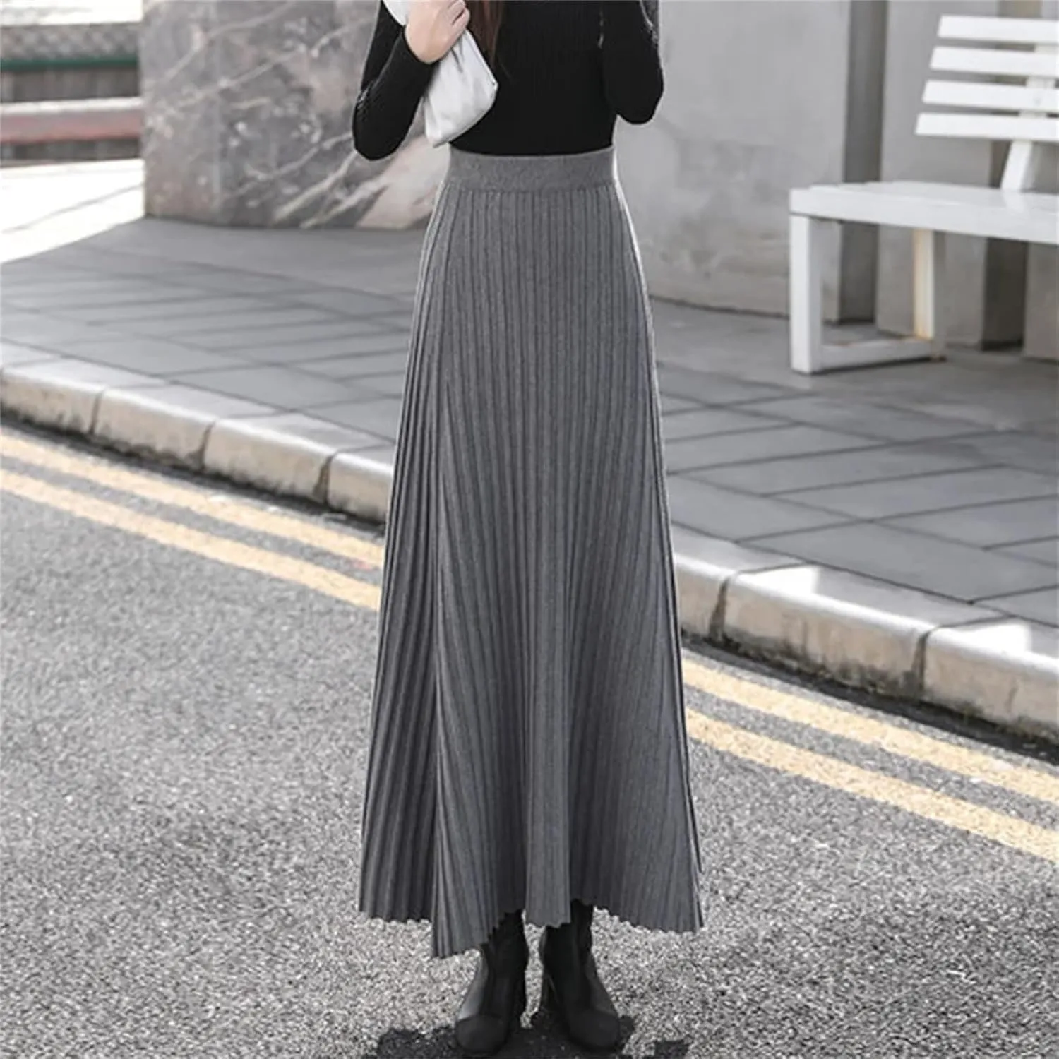 Hcclijo Winter Cashmere Extra-Long Knitted Skirt Thickened Ribbed Knitted Swing A-Line Flared Ankle-Length Knitted Skirt