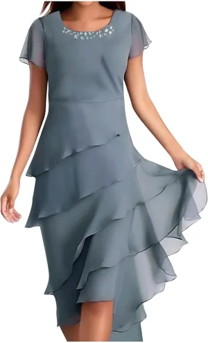 HGps8w Women's Layered Chiffon Wedding Guests Dress Summer Elegant Short Sleeve Knee Length Flowy Cocktail Dresses