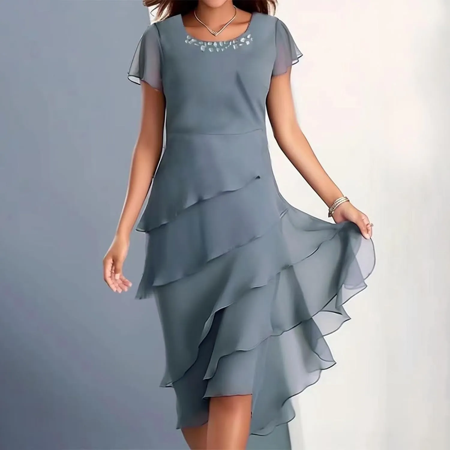 HGps8w Women's Layered Chiffon Wedding Guests Dress Summer Elegant Short Sleeve Knee Length Flowy Cocktail Dresses