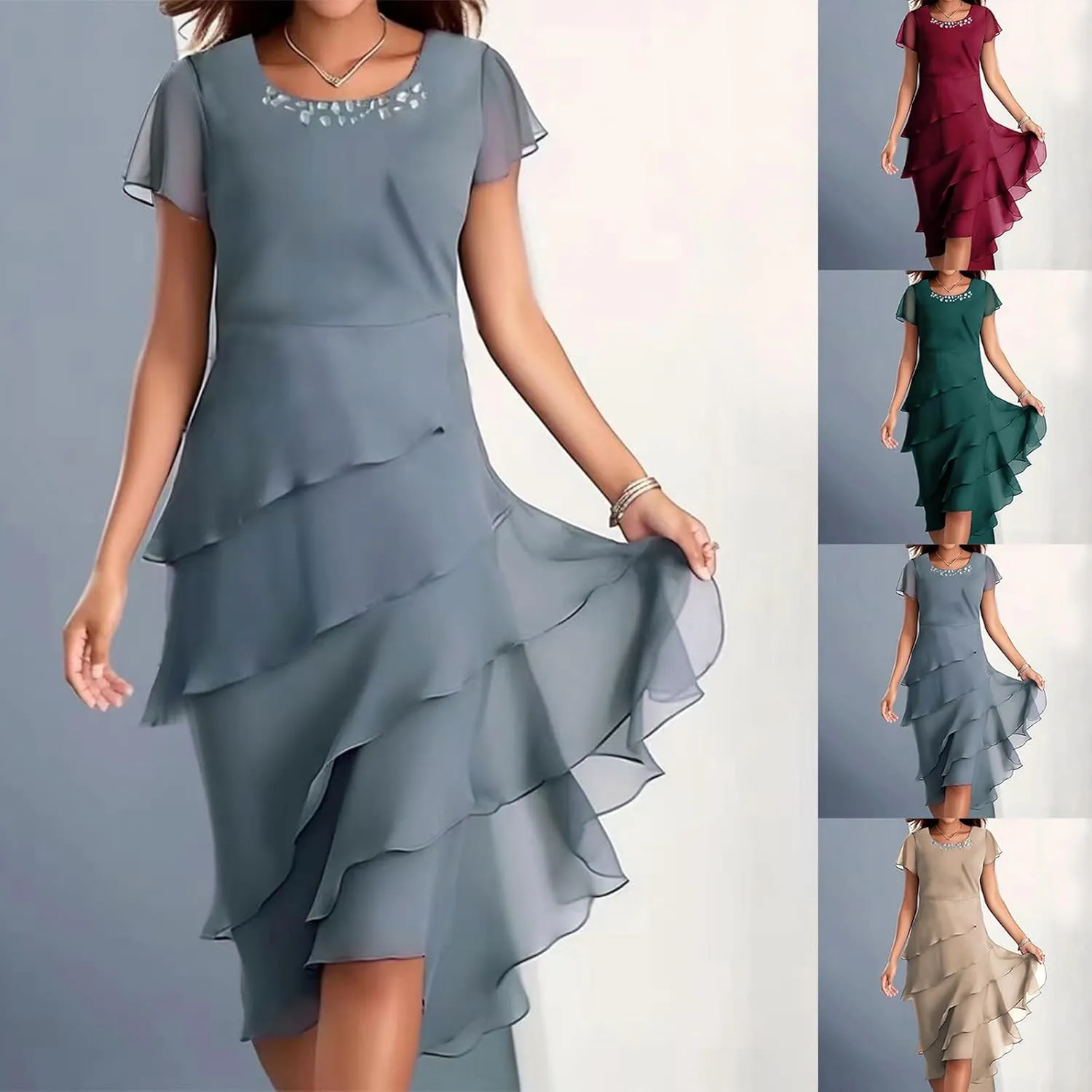 HGps8w Women's Layered Chiffon Wedding Guests Dress Summer Elegant Short Sleeve Knee Length Flowy Cocktail Dresses