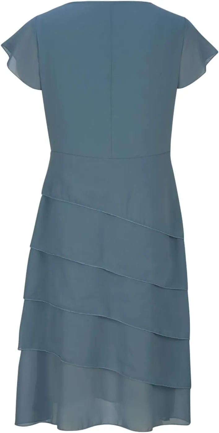 HGps8w Women's Layered Chiffon Wedding Guests Dress Summer Elegant Short Sleeve Knee Length Flowy Cocktail Dresses