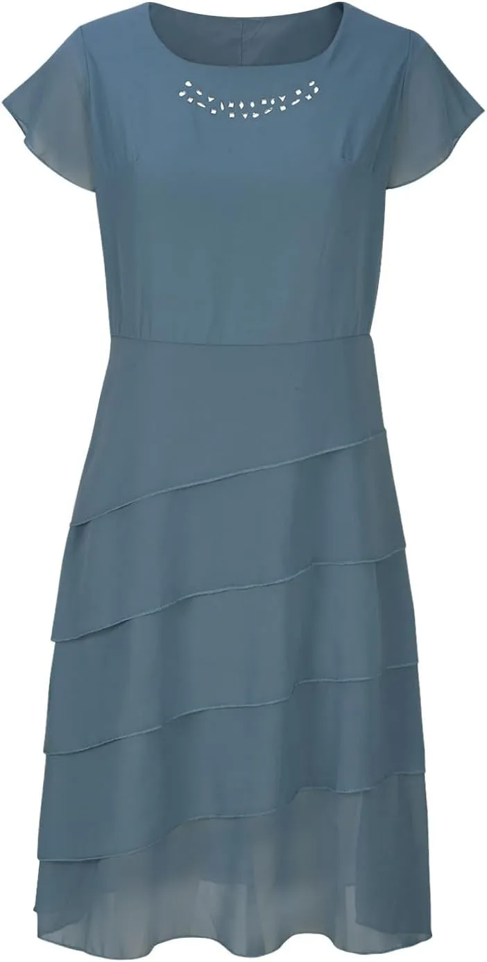 HGps8w Women's Layered Chiffon Wedding Guests Dress Summer Elegant Short Sleeve Knee Length Flowy Cocktail Dresses