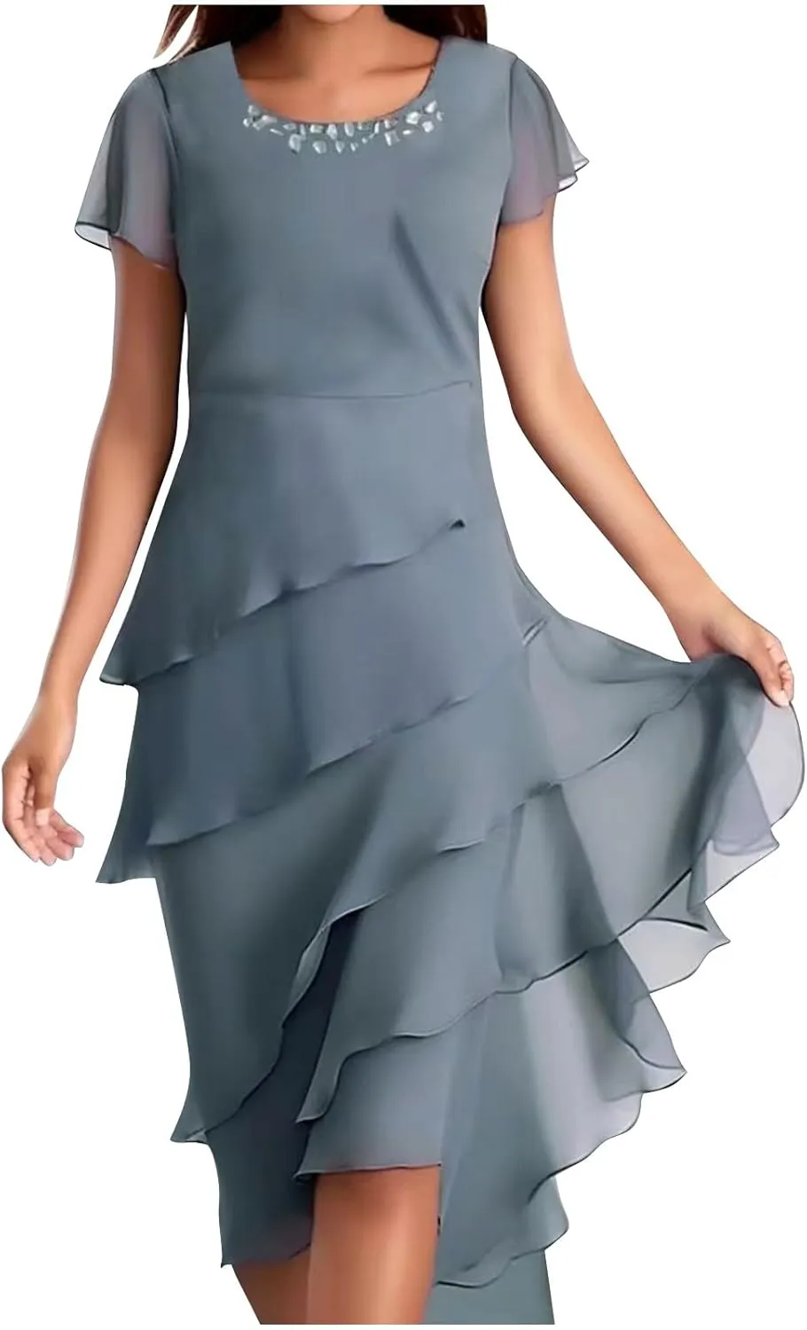 HGps8w Women's Layered Chiffon Wedding Guests Dress Summer Elegant Short Sleeve Knee Length Flowy Cocktail Dresses