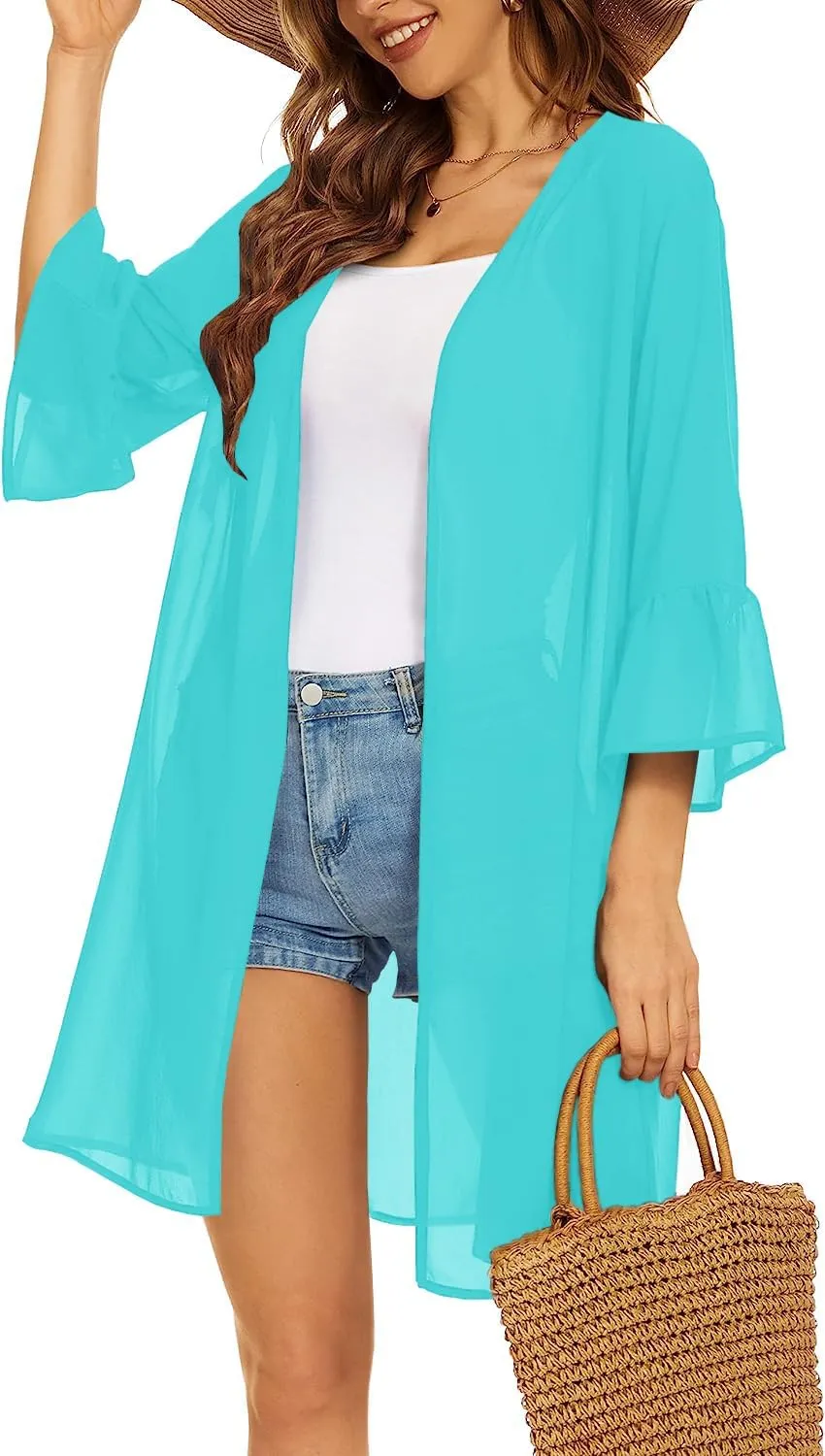 Indian Trendy Women's Solid Ruffle Sleeve Kimono Long Cardigan Loose Cover Up Casual Blouse Top Chiffon, Small-Medium