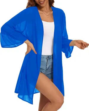Indian Trendy Women's Solid Ruffle Sleeve Kimono Long Cardigan Loose Cover Up Casual Blouse Top Chiffon, Small-Medium